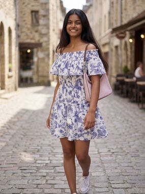 Band of Gypsies Off-Shoulder Romper with Blue Floral Pattern